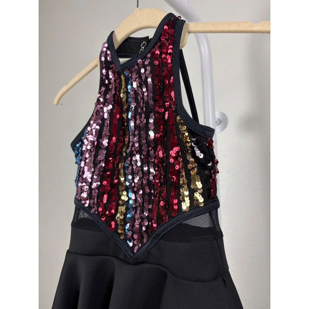 Weissman IC Kids Sequin Rainbow Stripe Dance Costume Skater Dress Black Jazz